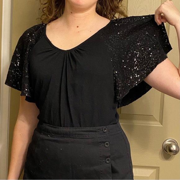 Sparkly Flutter Sleeve Top, Black Sequins, Deep Scoop Neck Blouse - Picture 3 of 8